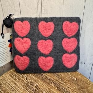 Felted Wool Gray Coin Purse Wallet Pink Gray Bag NEW! Gray Wallets Hearts Boho